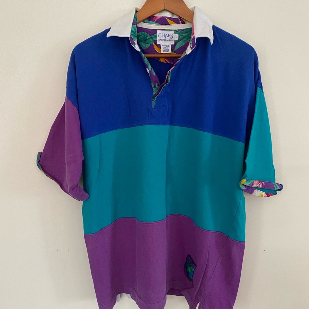 Ralph Lauren Vintage Men's Colorblock Polo Shirt - Blue, Teal, and Purple